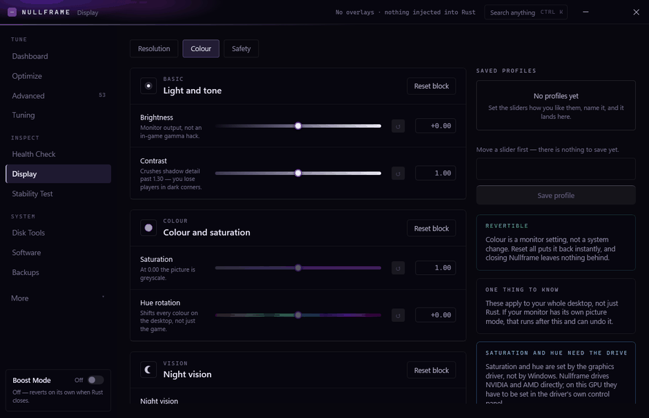 The colour tab, with brightness, contrast, saturation, hue and night vision