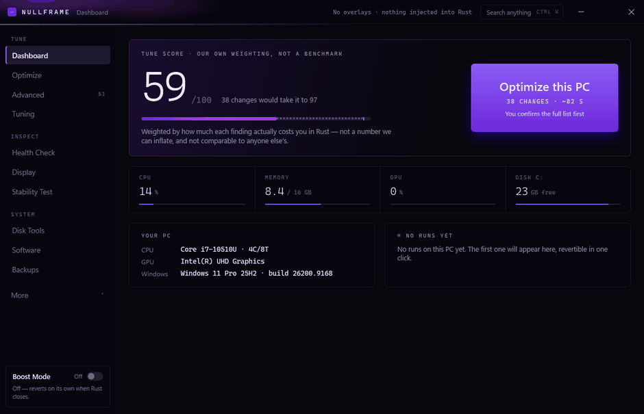 The Nullframe dashboard, showing a tune score of 59 out of 100